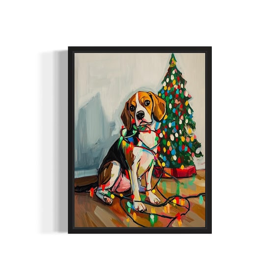 Beagle Puppy Tangled in Bright Christmas Lights Holiday Tree Poster