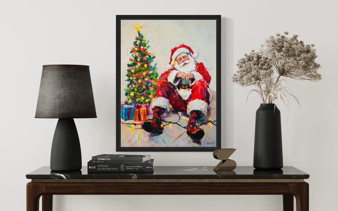Sleeping Santa Claus Beside Christmas Tree Painterly Holiday Poster - Image 3