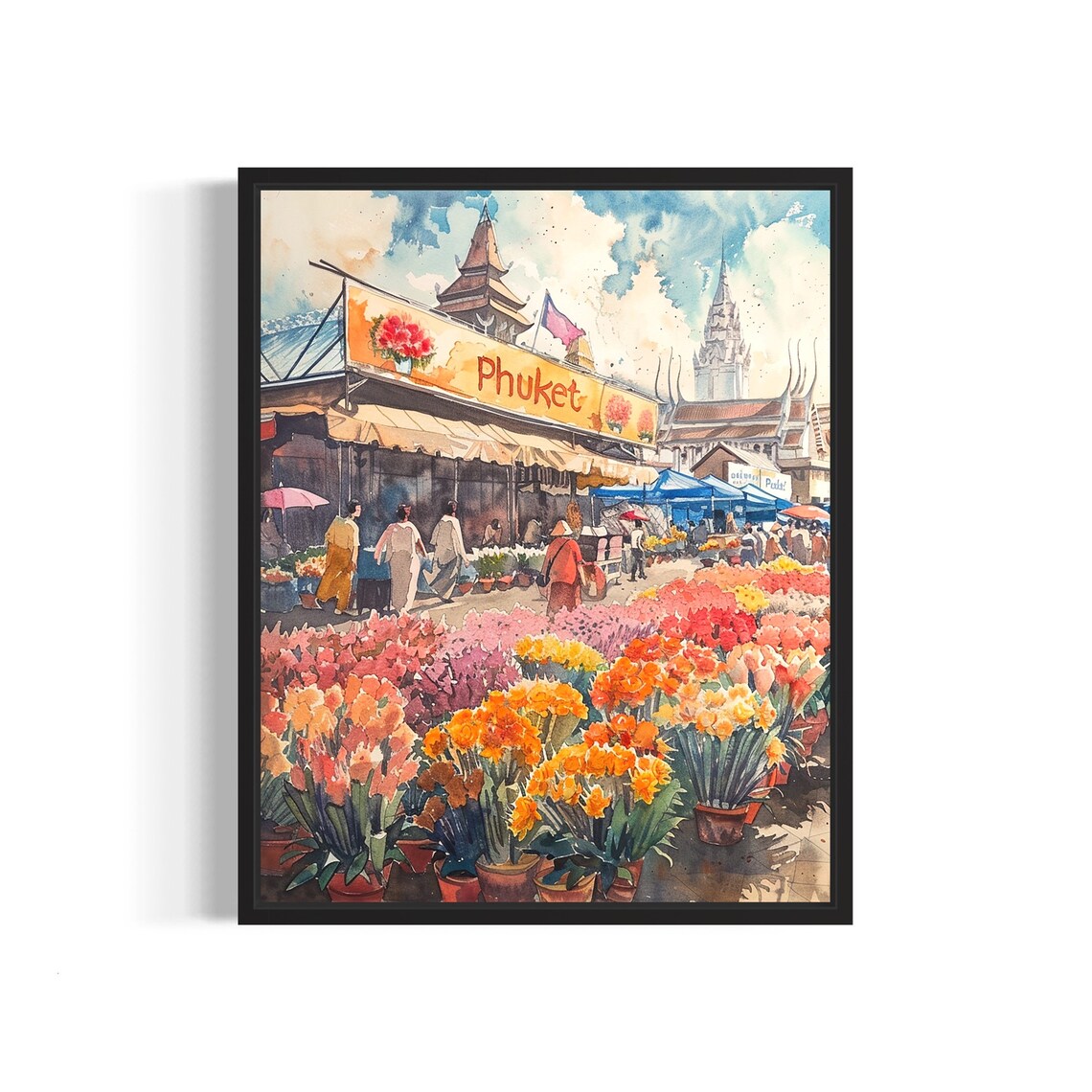 Phuket Flower Market Watercolor Poster Thai Temple Market Scene