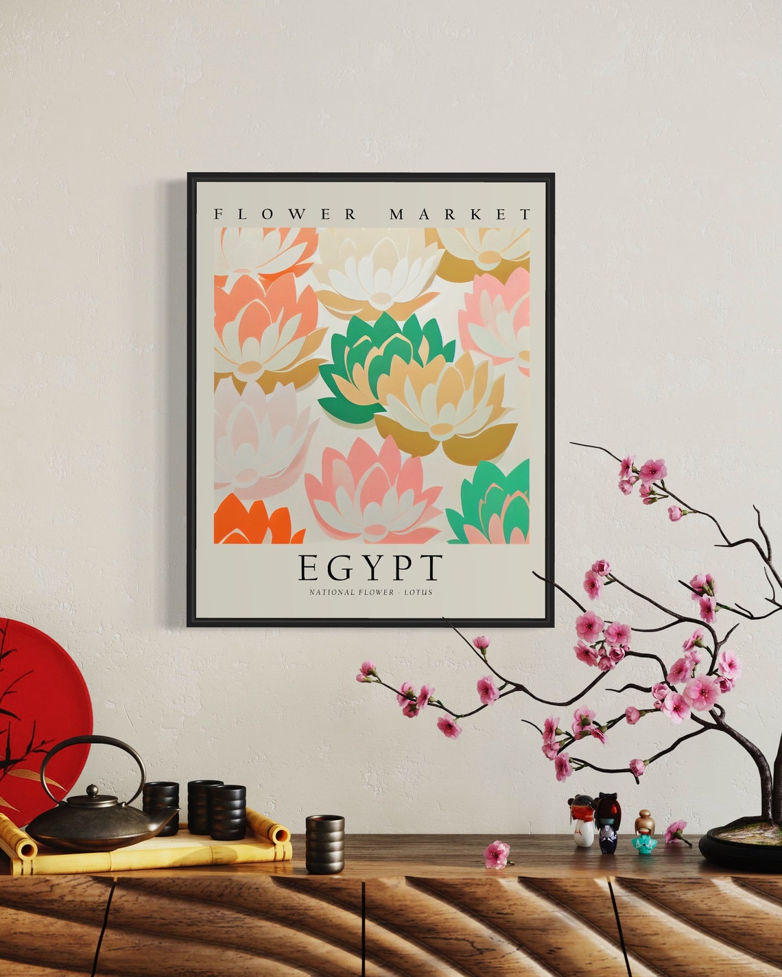 Egypt National Flower Market Coral Lotus Stylized Art Poster - Image 2