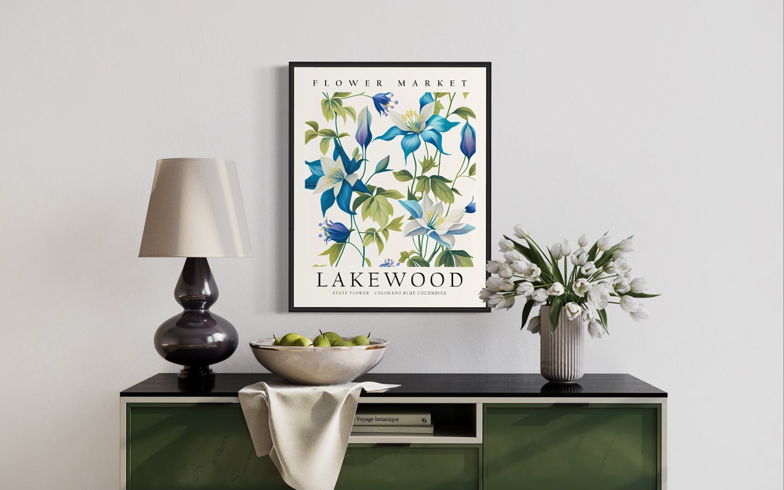Lakewood Colorado Flower Market Art Print Lakewood Flower Colorado Blue Columbine Wall Art Botanical Pastel Artwork - Image 2