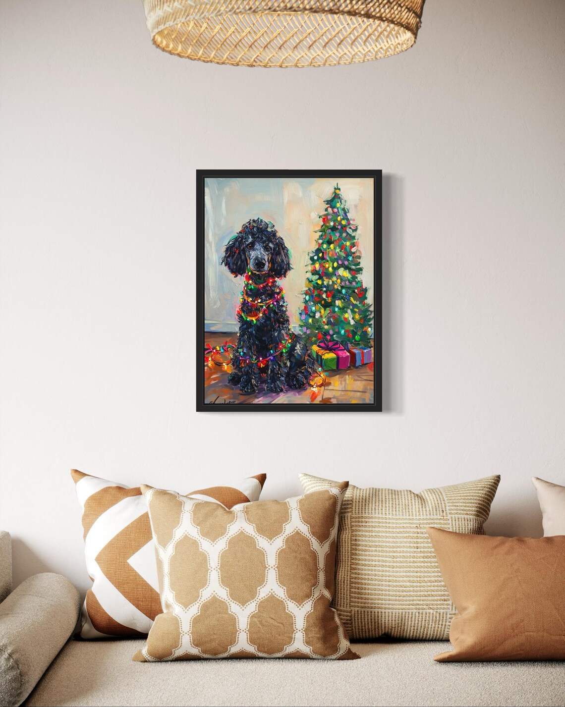 Poodle Dog Tangled In Christmas Lights Art Print - Image 2