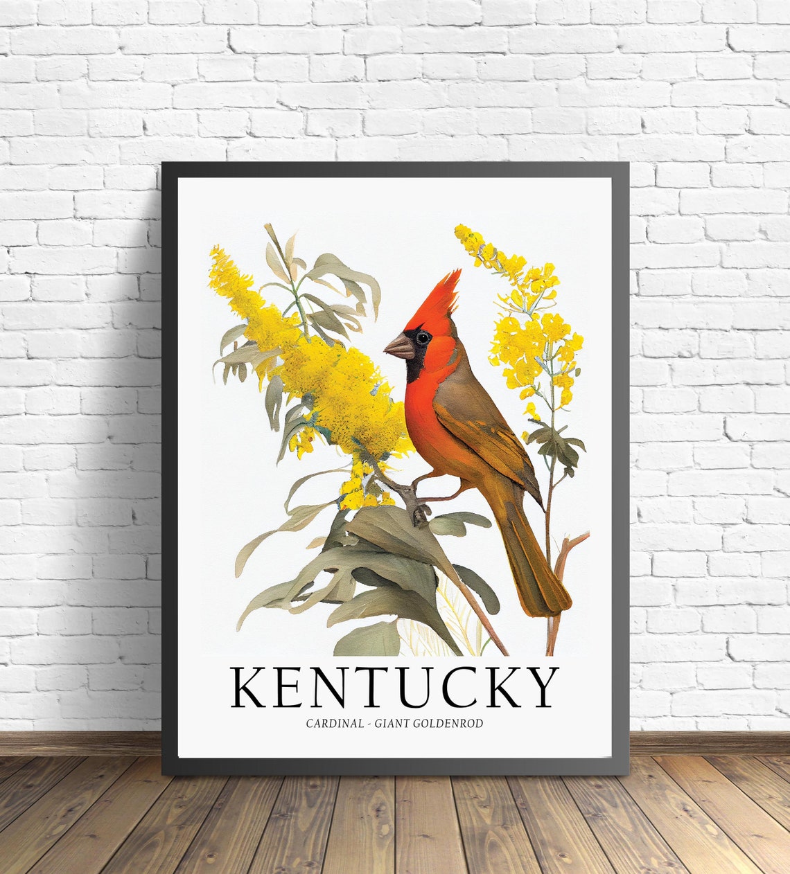 Kentucky Cardinal Giant Goldenrod Bird Watercolor Print Artwork