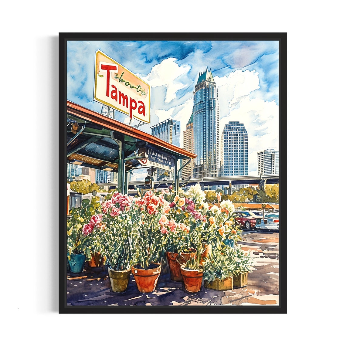 Tampa Flower Market Watercolor Poster Retro Sign Downtown Scene