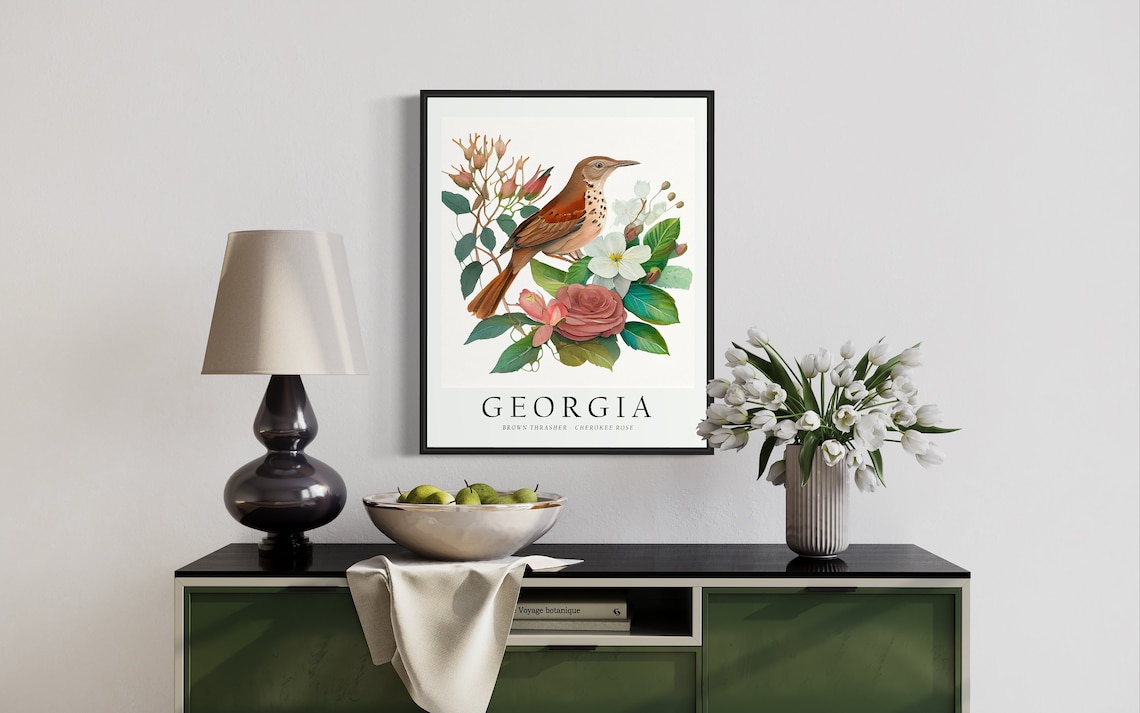 Georgia State Bird Art Print, State Flower Wall Art - Image 2