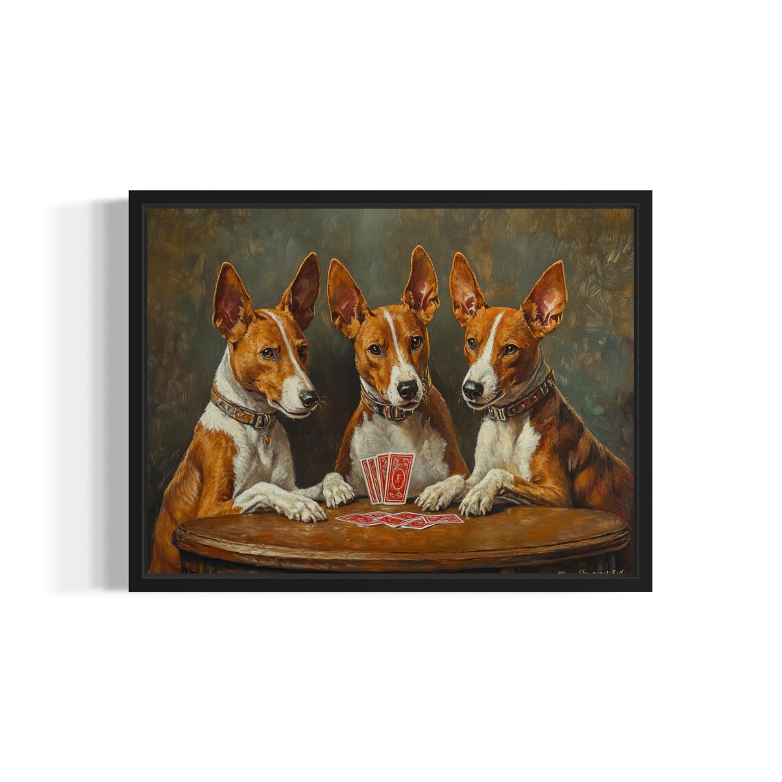 Three Basenji Dogs Playing Poker Card Game Oil Painting Poster