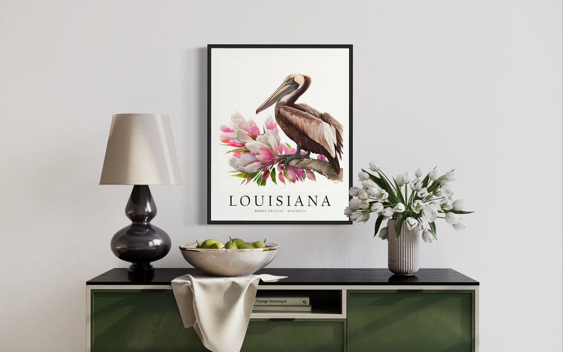 Louisiana Brown Pelican Magnolia Blossom Bird Watercolor Poster - Image 2