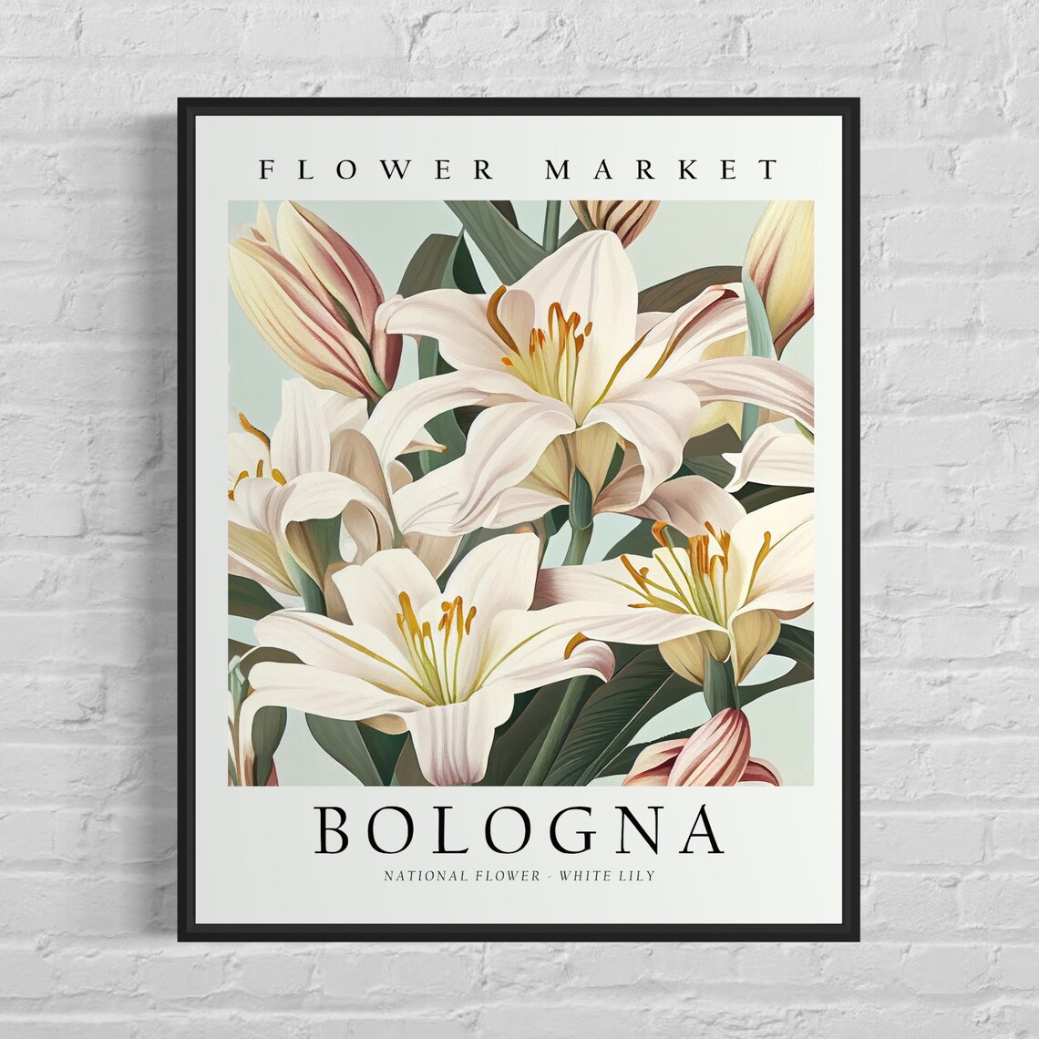 Flower Market Bologna White Lily Vintage Botanical Floral Art Poster