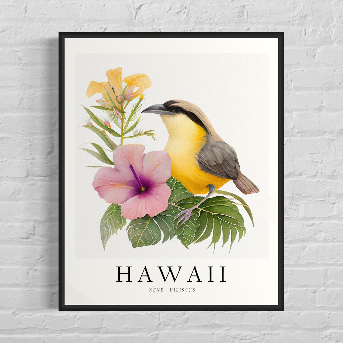 Hawaii Nene Hibiscus Tropical Island Bird Watercolor Poster Art