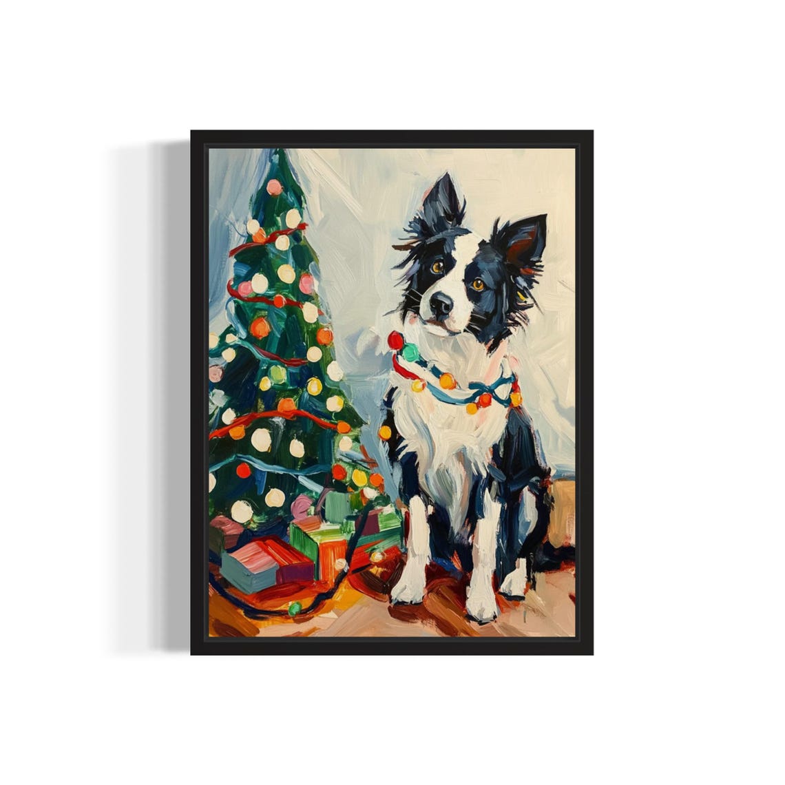 Border Collie Dog Wrapped in Bright Christmas Lights Holiday Poster