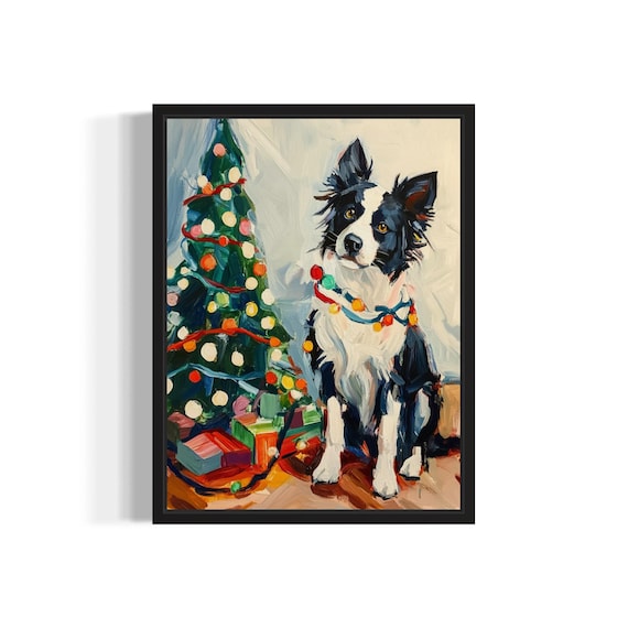 Border Collie Dog Wrapped in Bright Christmas Lights Holiday Poster