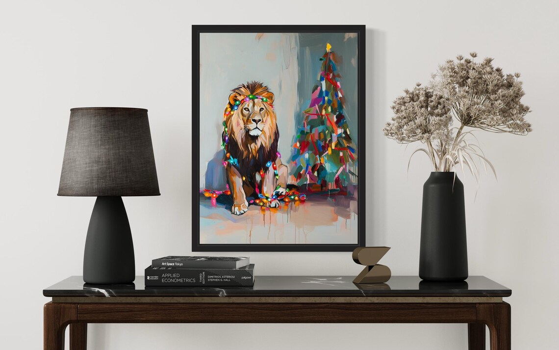 Lion Tangled In Christmas Lights Art Print, Holiday Season - Image 3