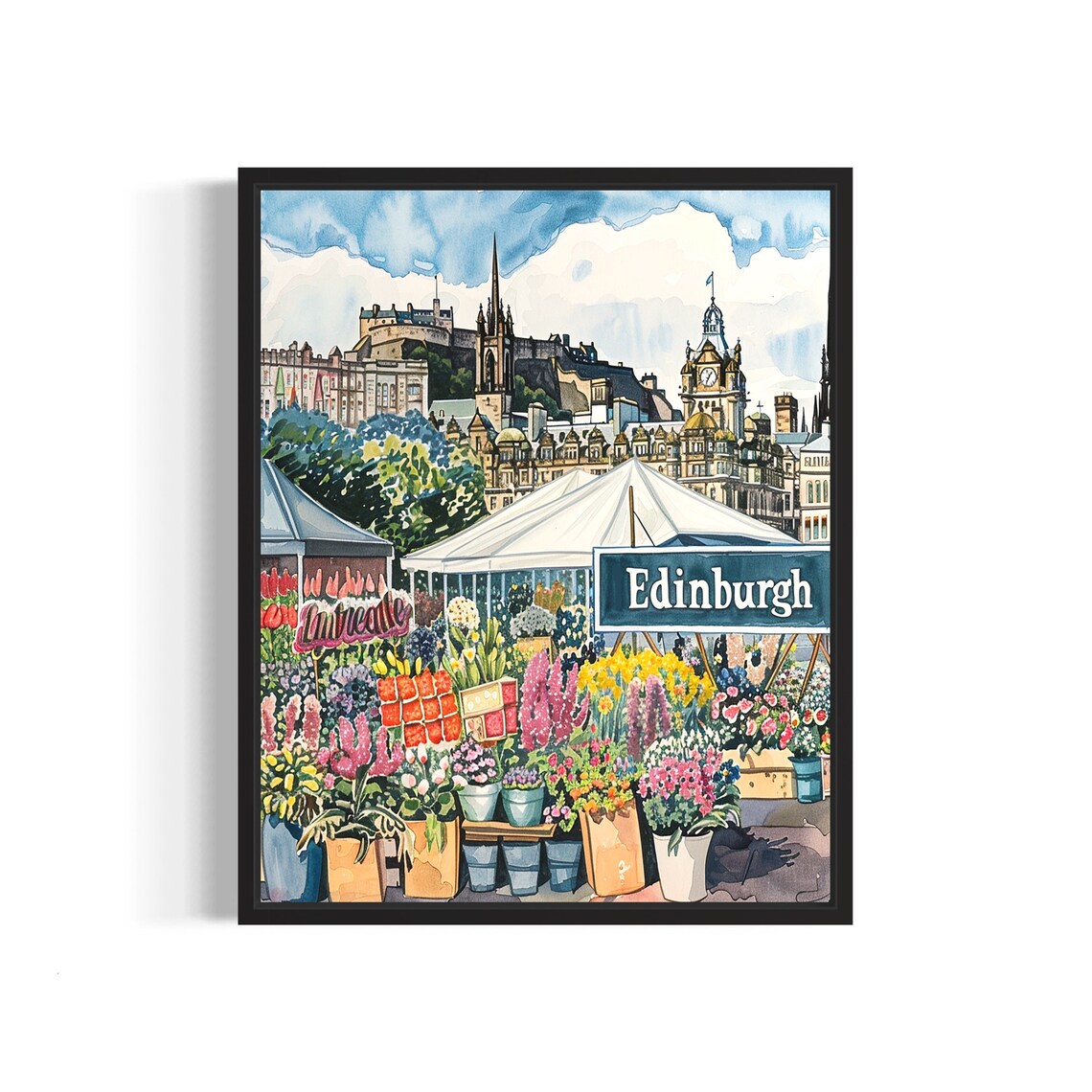 Edinburgh Scotland Castle Watercolor Flower Market Scene Poster