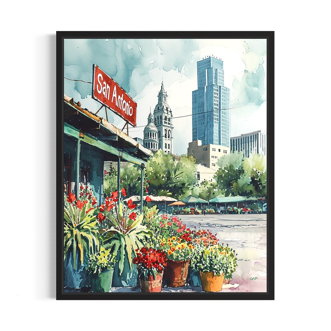 San Antonio Flower Market Watercolor Poster Potted Blooms Plaza Scene