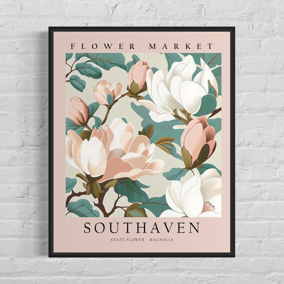Vintage Southaven Mississippi Magnolia Flower Market Art Poster