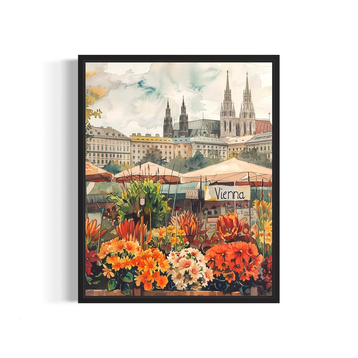 Vienna Austria Twin Church Spires Watercolor Flower Market Poster