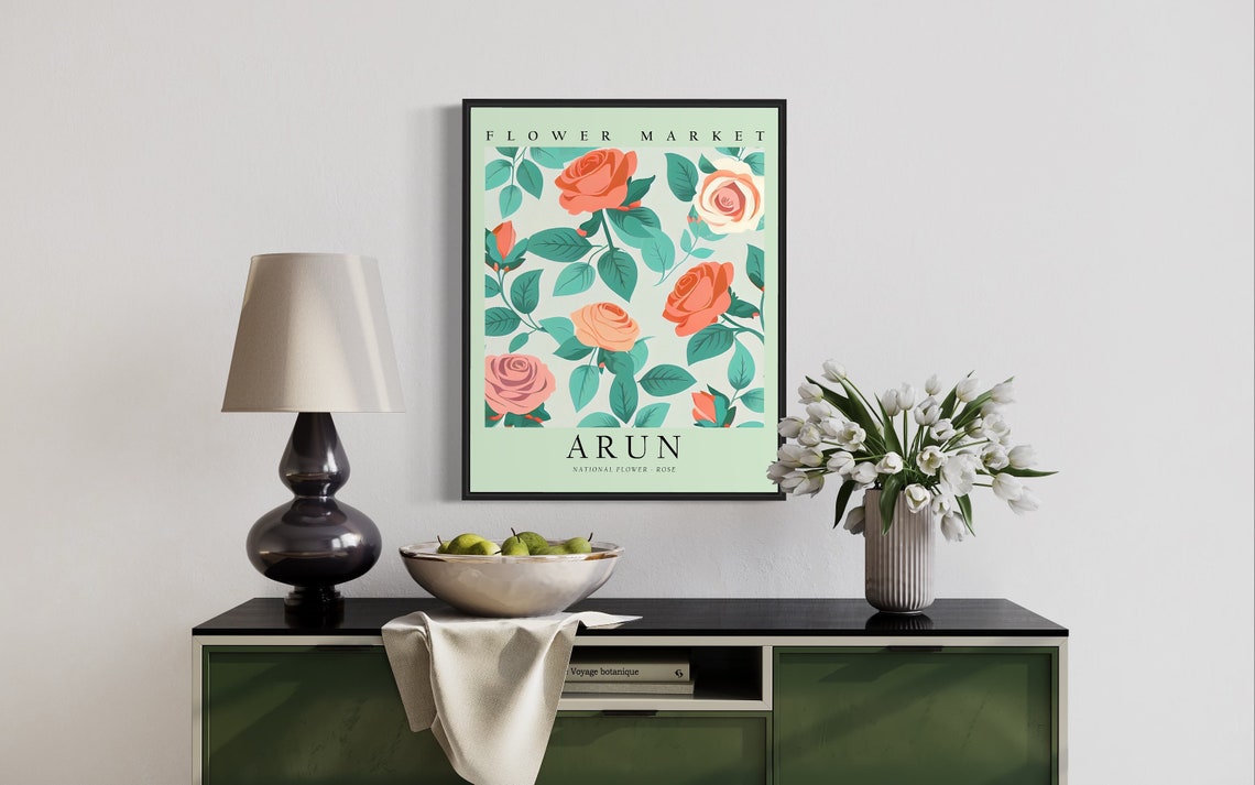 Flower Market Arun Rose Pink Coral Roses Green Leaf Botanical Poster - Image 2