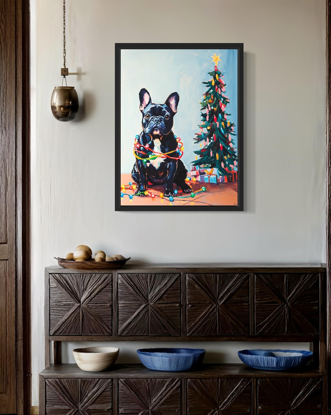 French Bulldog Wrapped in Bright Christmas Lights Holiday Poster - Image 2