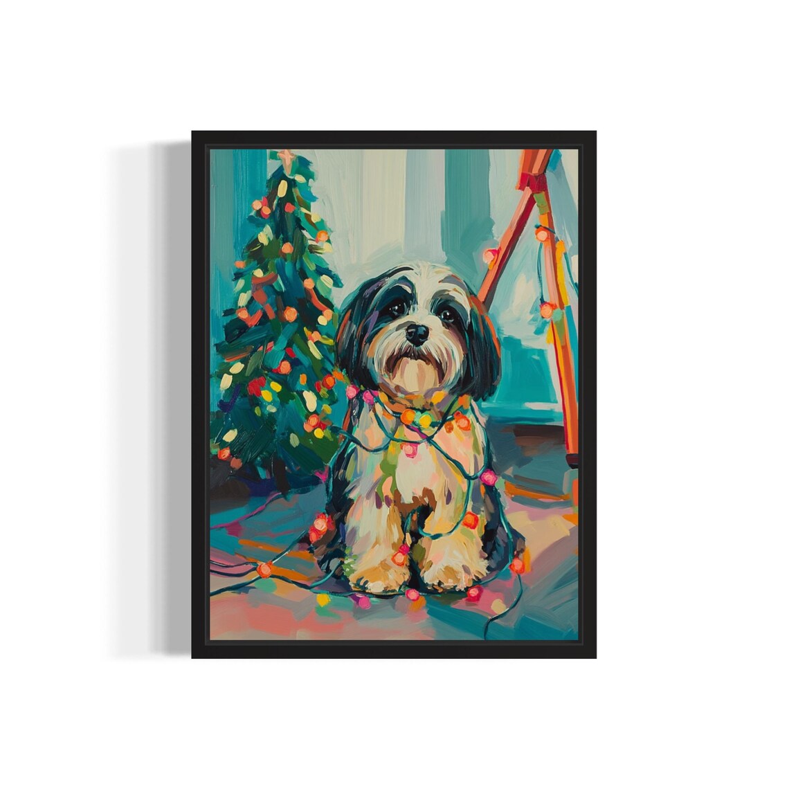 Havanese Dog Tangled in Colorful Christmas Lights Holiday Poster