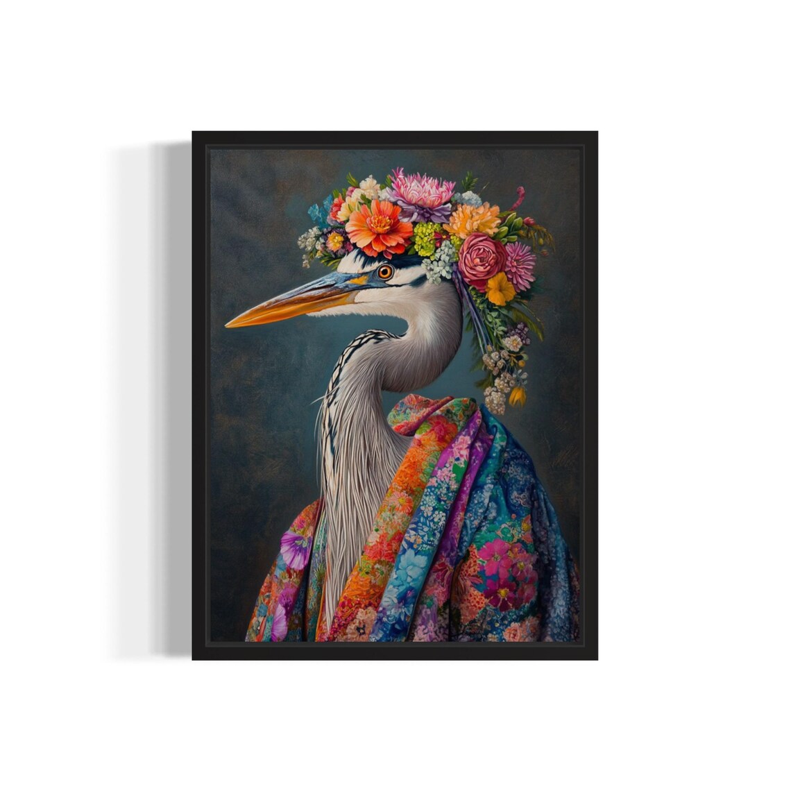 Blue Heron Flower Crown Kimono Portrait Japanese Style Bird Poster