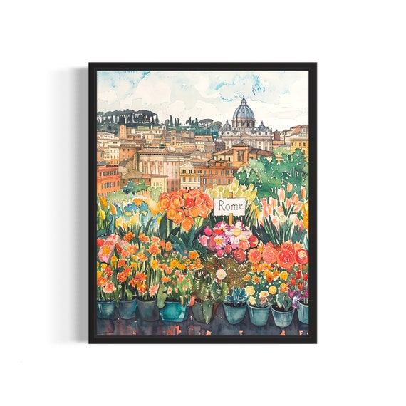 Rome Italy Flower Market Poster Print, Neutral Botanical
