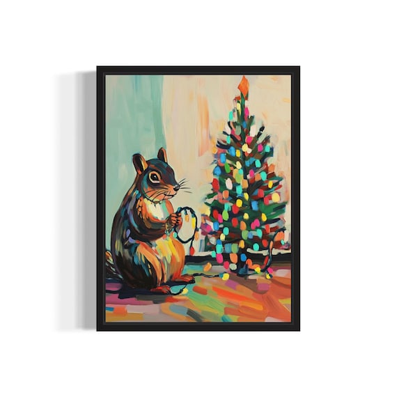 Squirrel Holding String of Colorful Christmas Lights Holiday Poster
