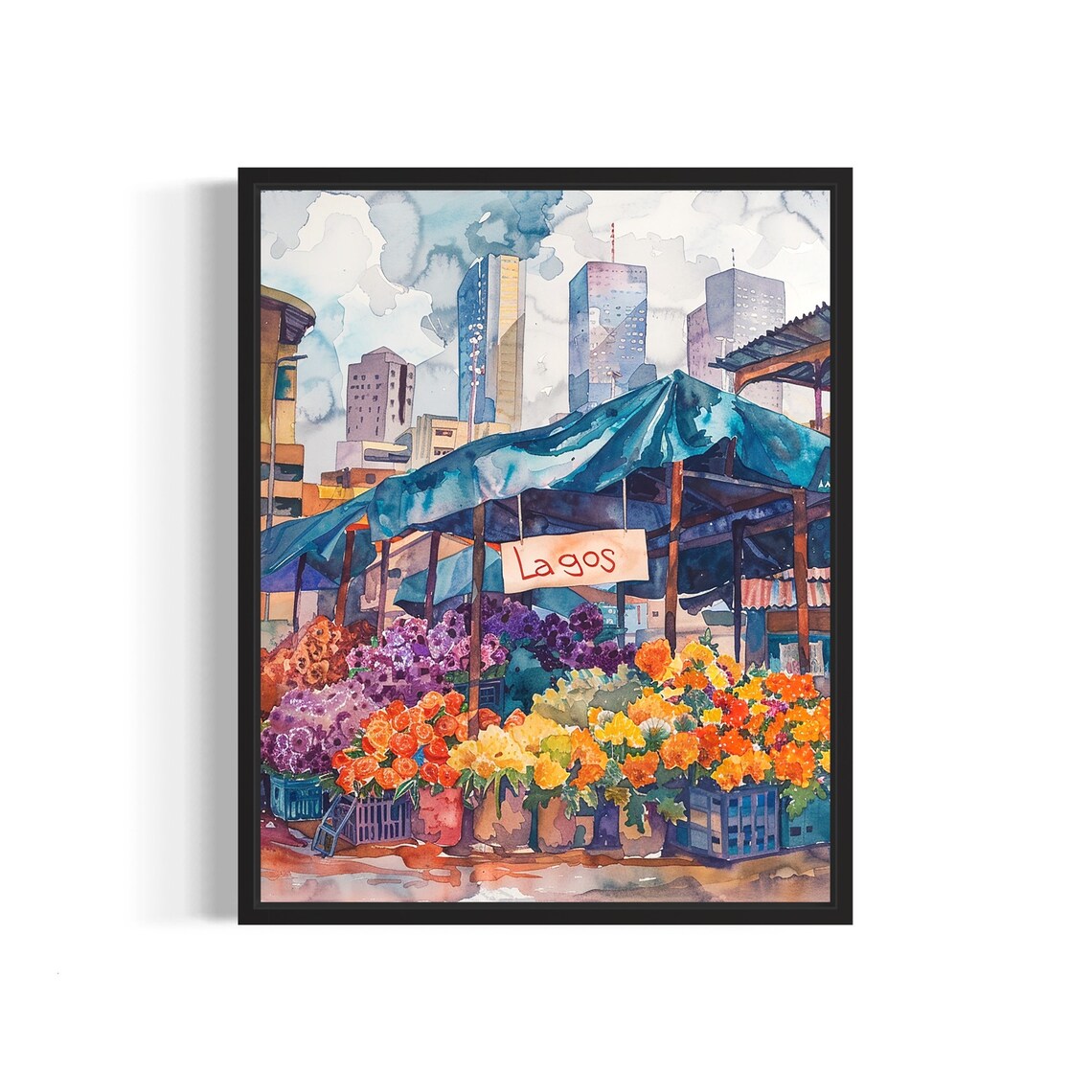 Lagos Nigeria Modern Skyline Watercolor Flower Market Poster