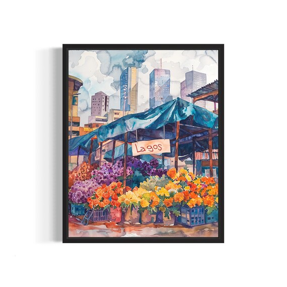 Lagos Nigeria Flower Market Poster Art Print Neutral Botanical Pastel Artwork Wall Art Painting Bedroom Restroom Decor