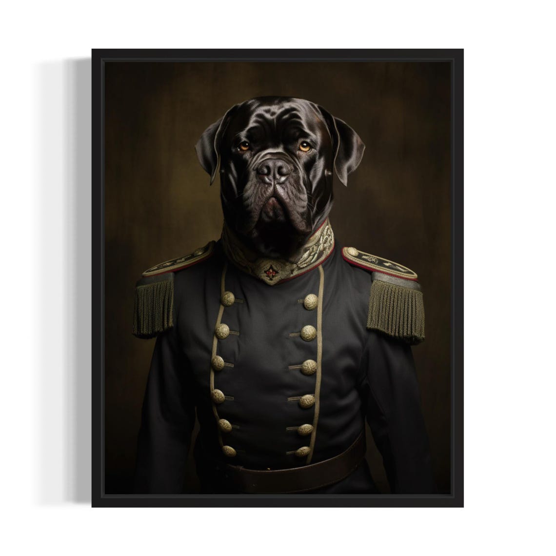 Black Mastiff Dog in Military General Uniform Portrait Poster