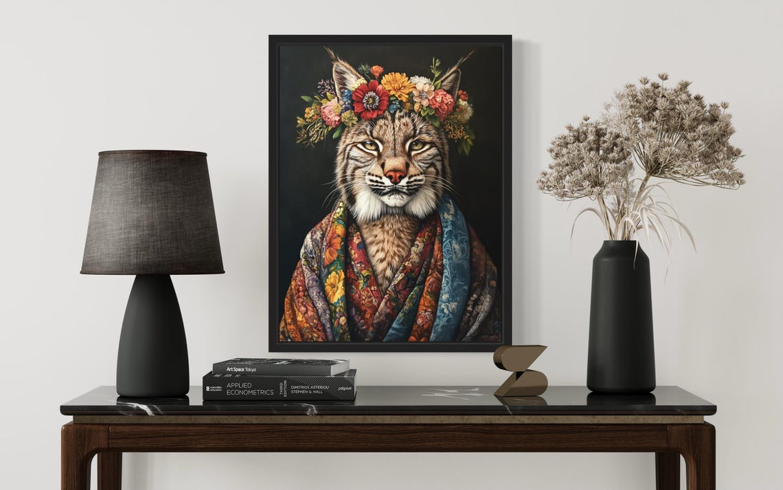 Lynx Poster Art Print Animal Flowers In Kimono Wall Art Decor Painting Artwork - Image 2