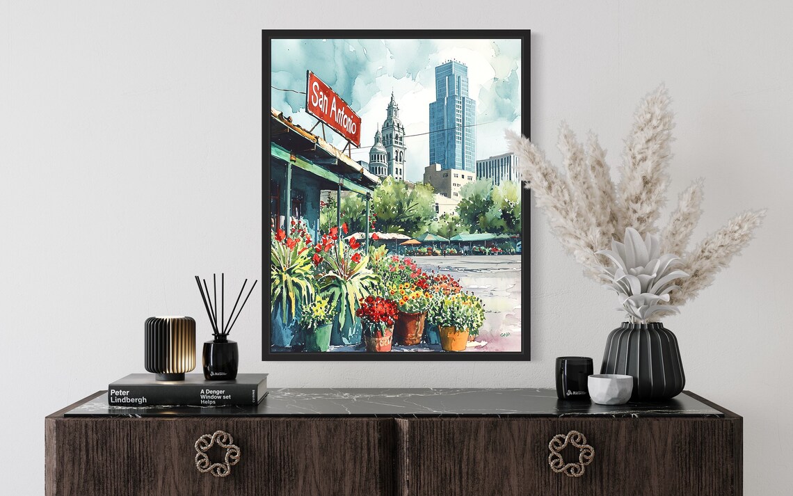 San Antonio Flower Market Watercolor Poster Potted Blooms Plaza Scene - Image 2