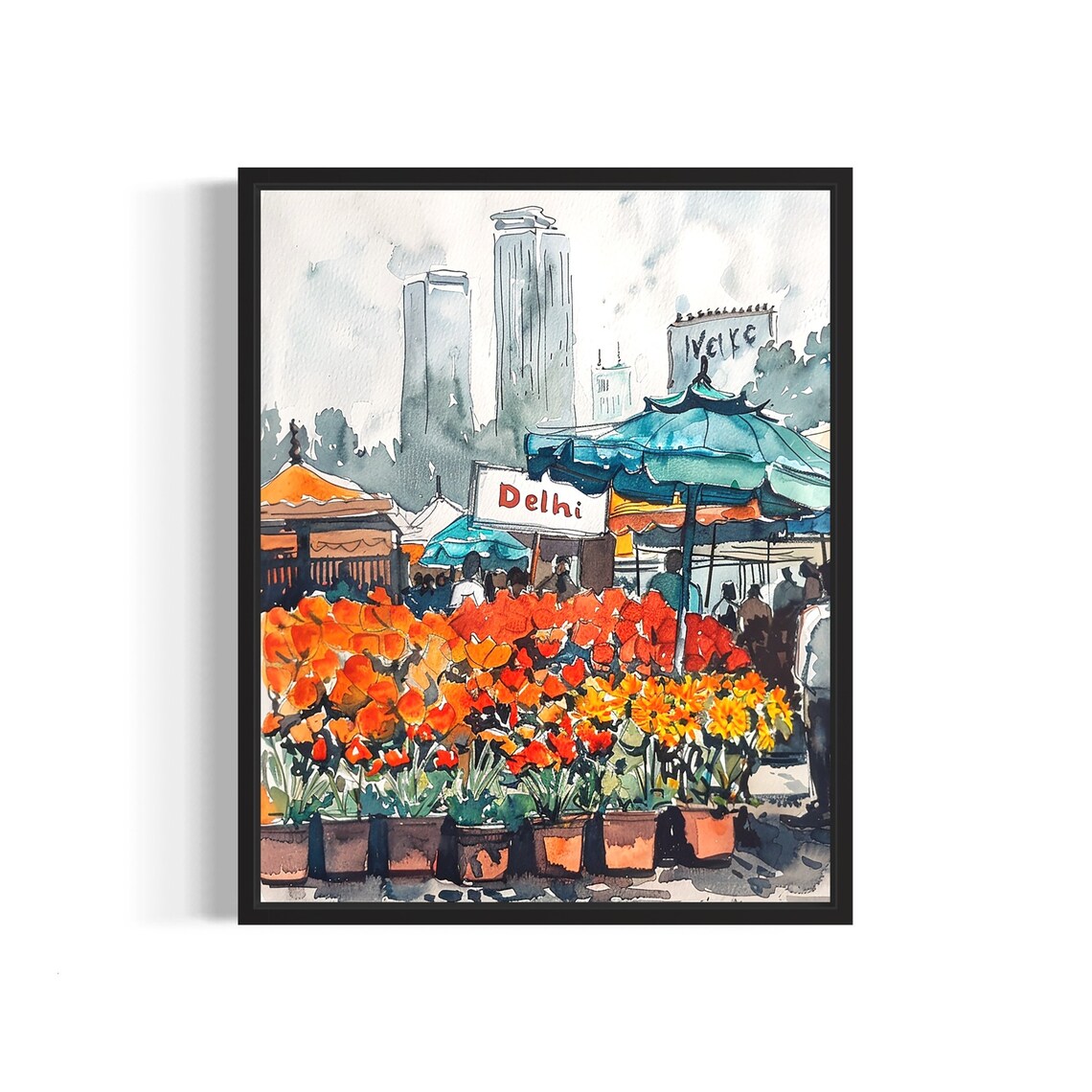Delhi Flower Market Watercolor Poster Marigold Festival Street Scene