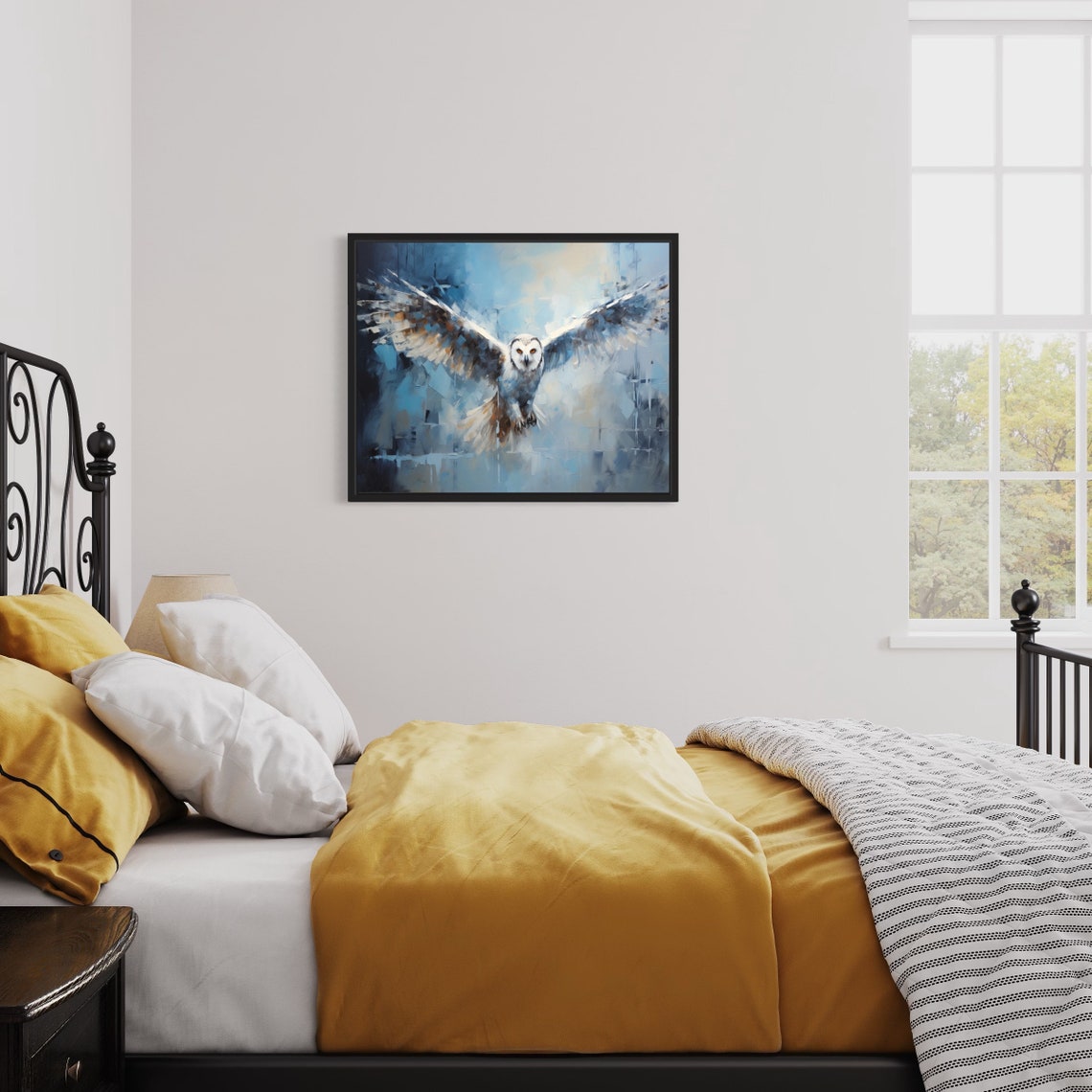 Snowy Owl in Flight Wings Spread Blue Abstract Painting Poster - Image 2