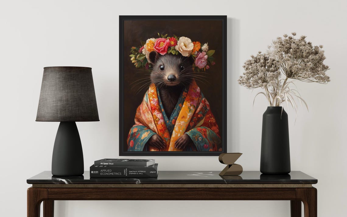 Mink Portrait With Colorful Flower Crown In Floral Kimono Art Print - Image 2