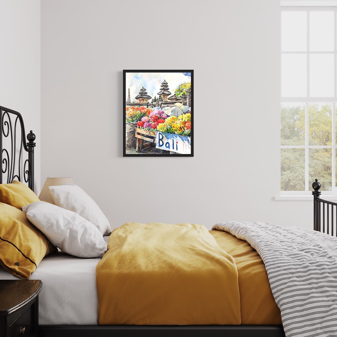 Bali Flower Market Watercolor Poster with Temple and Tropical Blooms - Image 3