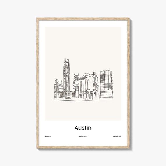 Austin Texas One Line Drawing City Skyline Minimalist Downtown Art Poster