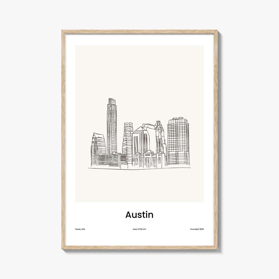 Austin Texas One Line Drawing City Skyline Minimalist Downtown Art Poster