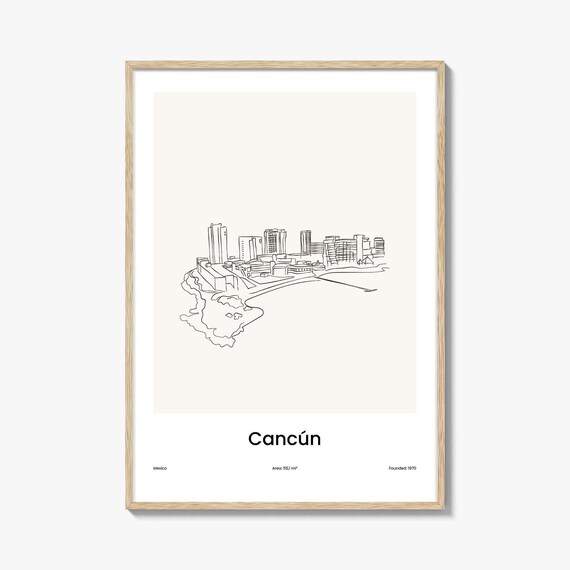 Cancun Mexico Minimalist Line Drawing Beachfront Hotel Poster