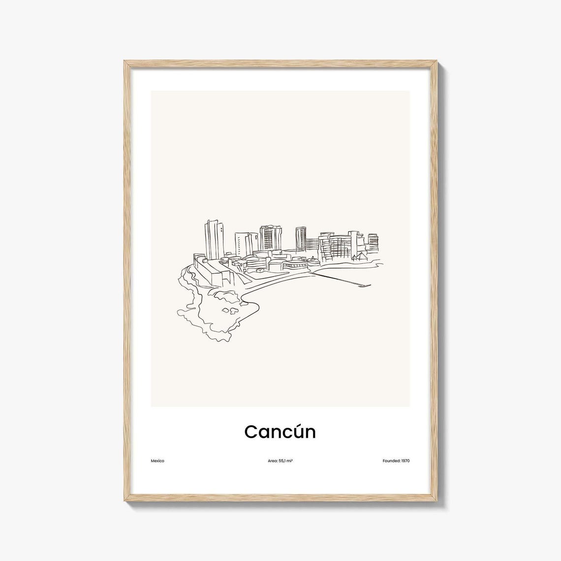 Cancun Mexico Minimalist Line Drawing Beachfront Hotel Poster