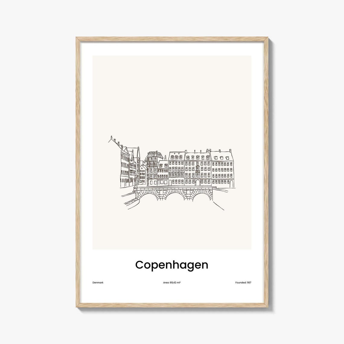 Copenhagen Denmark Canal Bridge Old Buildings Line Drawing Poster