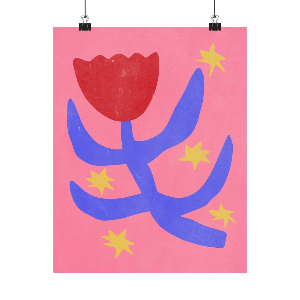 Red Tulip With Blue Leaves And Yellow Stars Pink Folk Art Poster