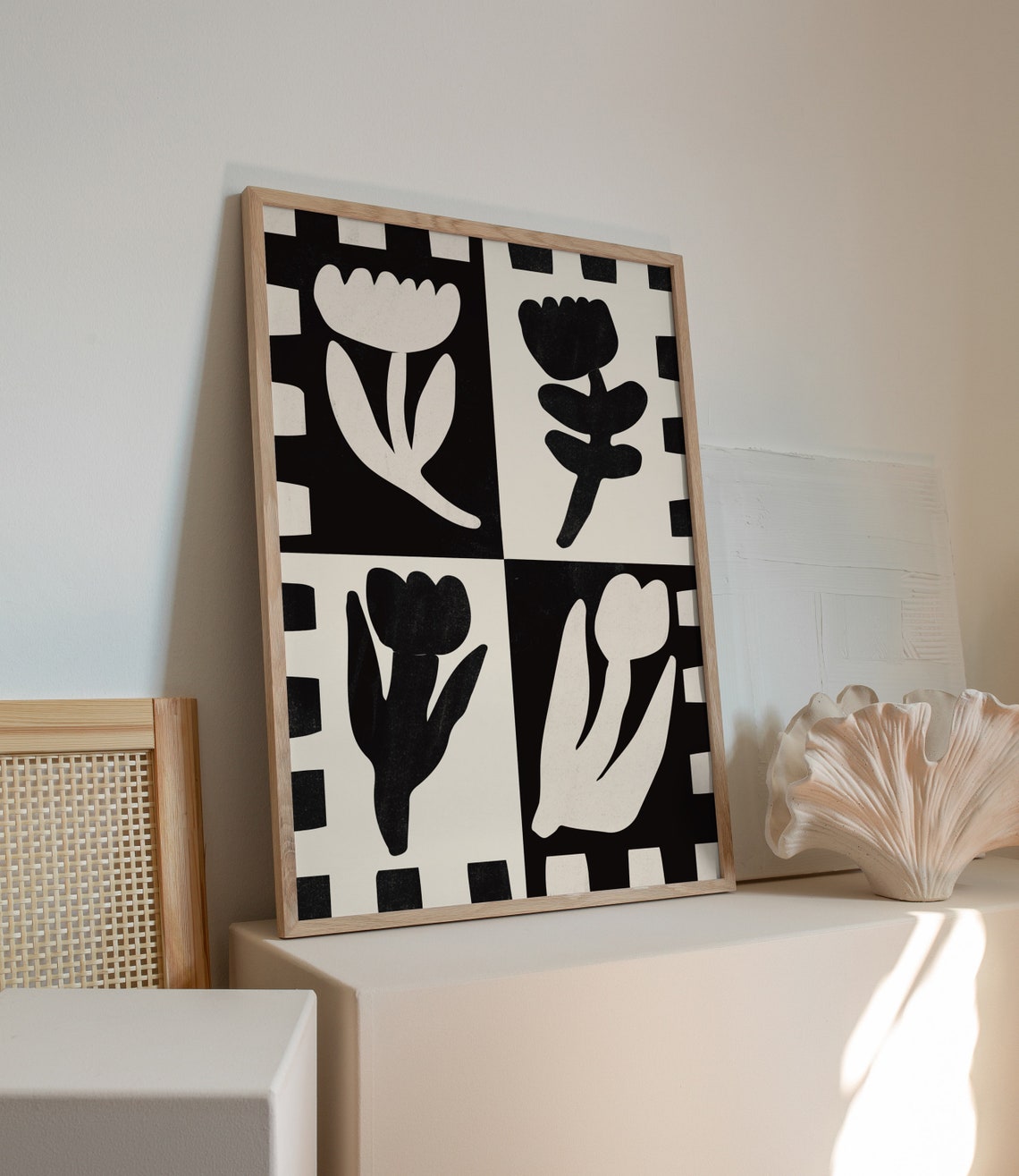 Black White Flower Checkered Four Panel Scandinavian Art Poster - Image 3