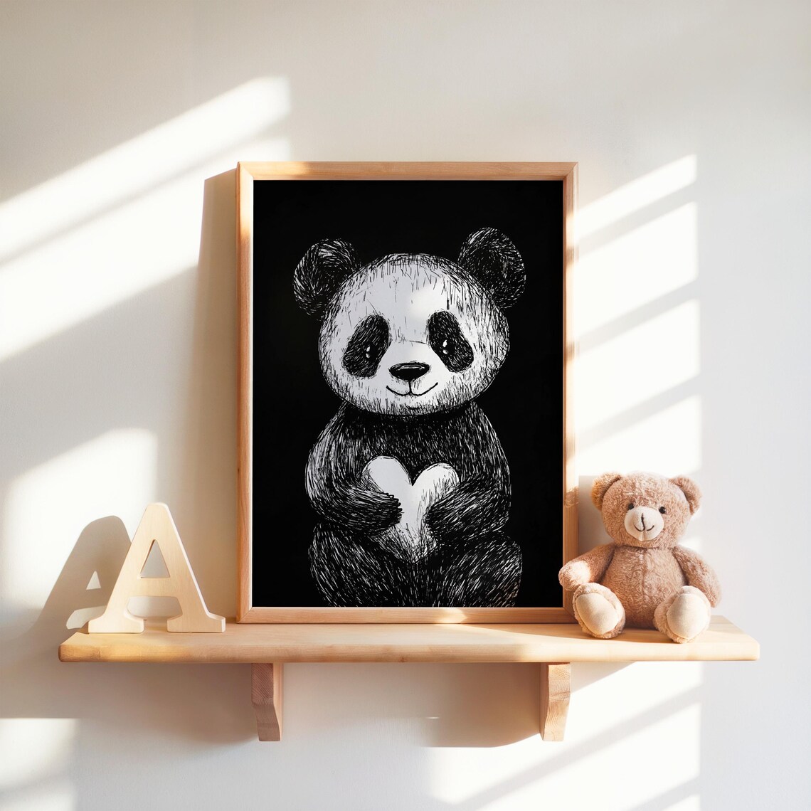 Panda Holding Heart Nursery Sketch Black and White Cute Poster