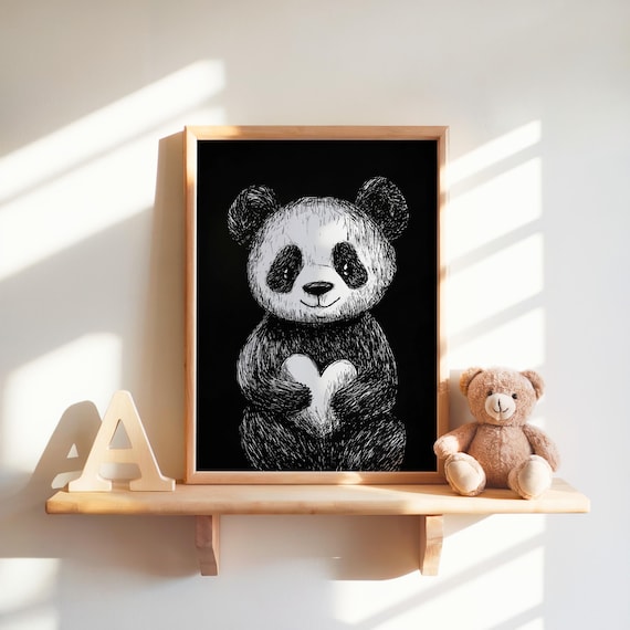 Panda Holding Heart Nursery Sketch Black and White Cute Poster