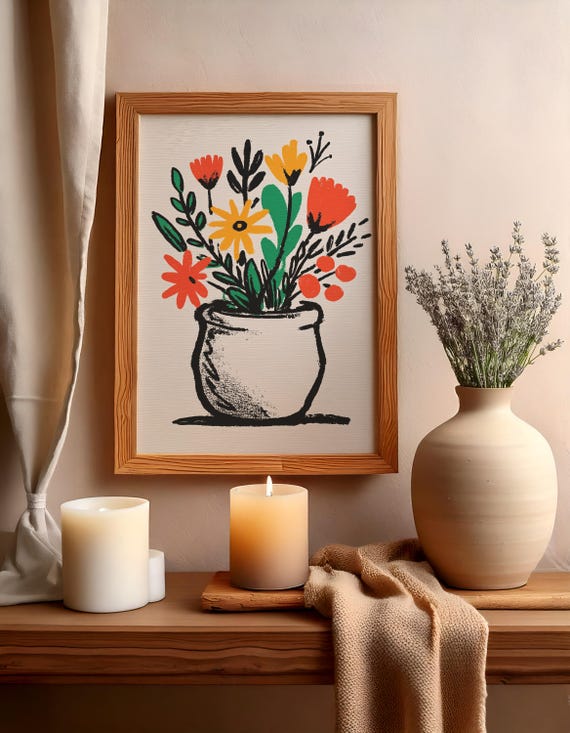 Floral Vase Wall Art Modern Flower Print Botanical Colorful Blossom Home Decor Artwork