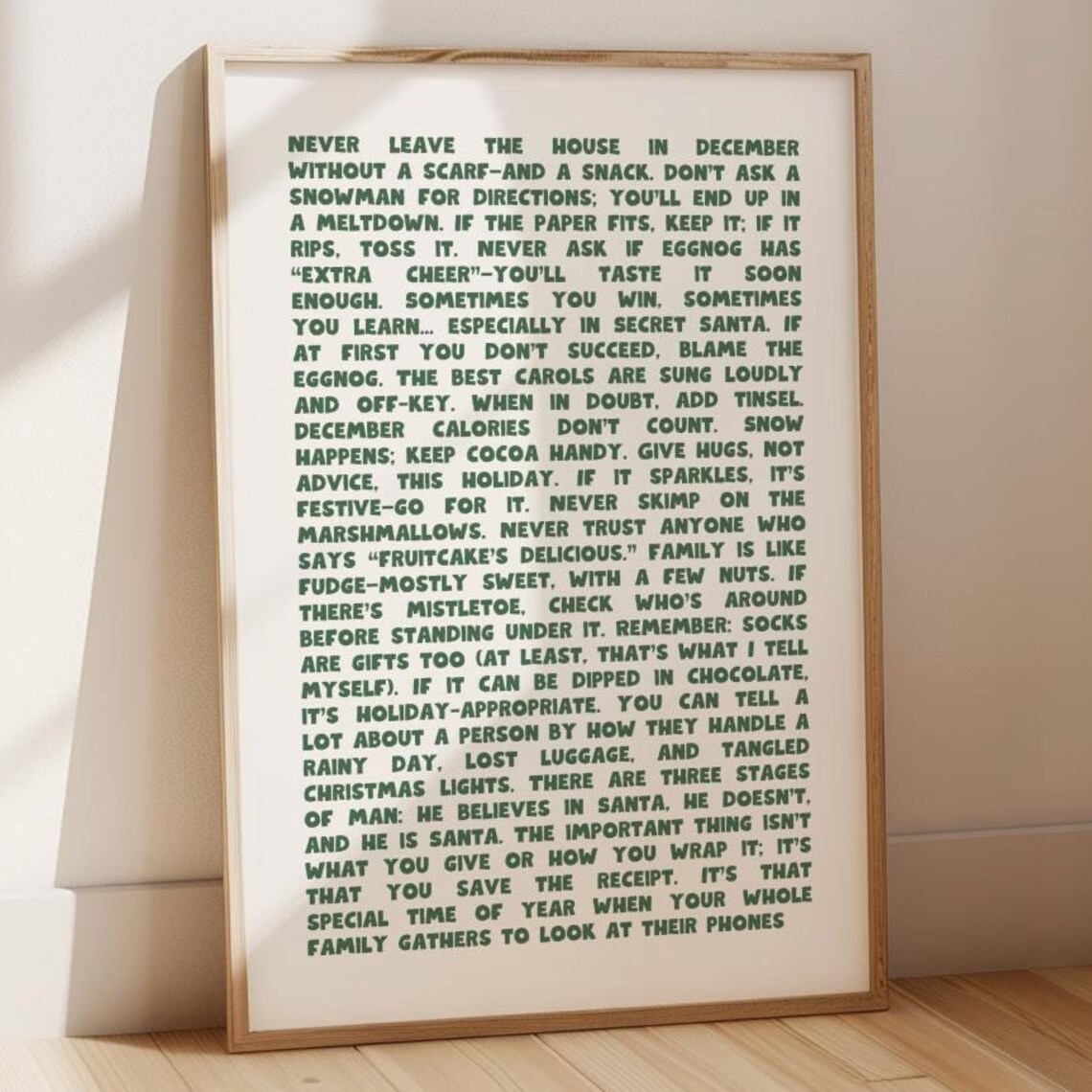 Funny Christmas Sayings Holiday Wisdom List Green Text Quote Poster