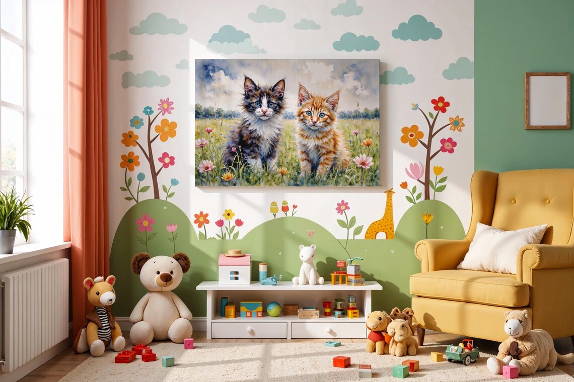 Two Fluffy Kittens in Sunny Wildflower Meadow Watercolor Poster - Image 4