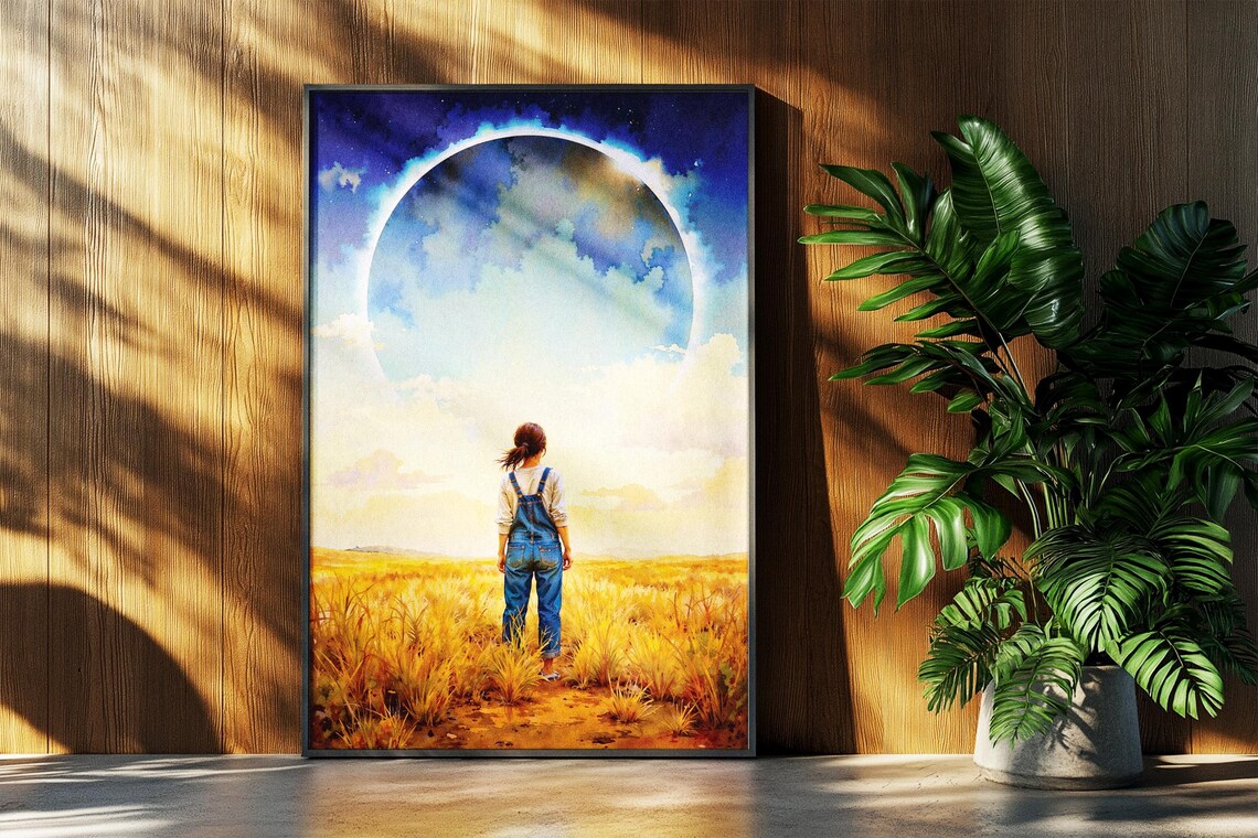 Woman in Overalls Gazing at Giant Ring Planet Watercolor Poster - Image 4