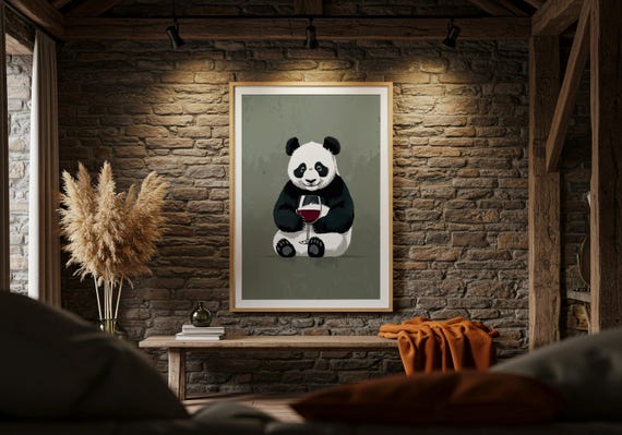 Funny Panda Wall Art Wine Lover Animal Print Quirky Home Decor Gift