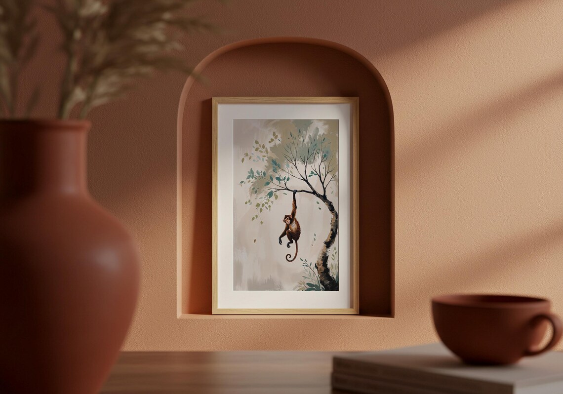 Whimsical Monkey Hanging Gracefully Print Minimalist Artwork